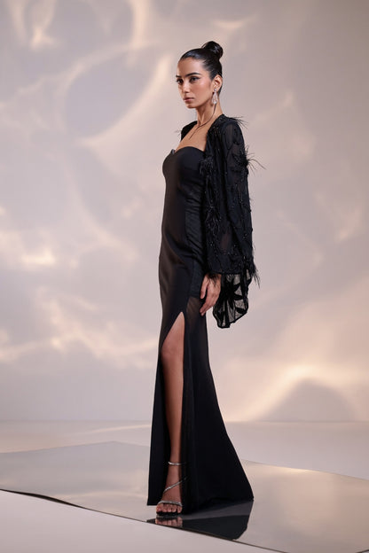 Sculpted Gown with Feathered Jacket