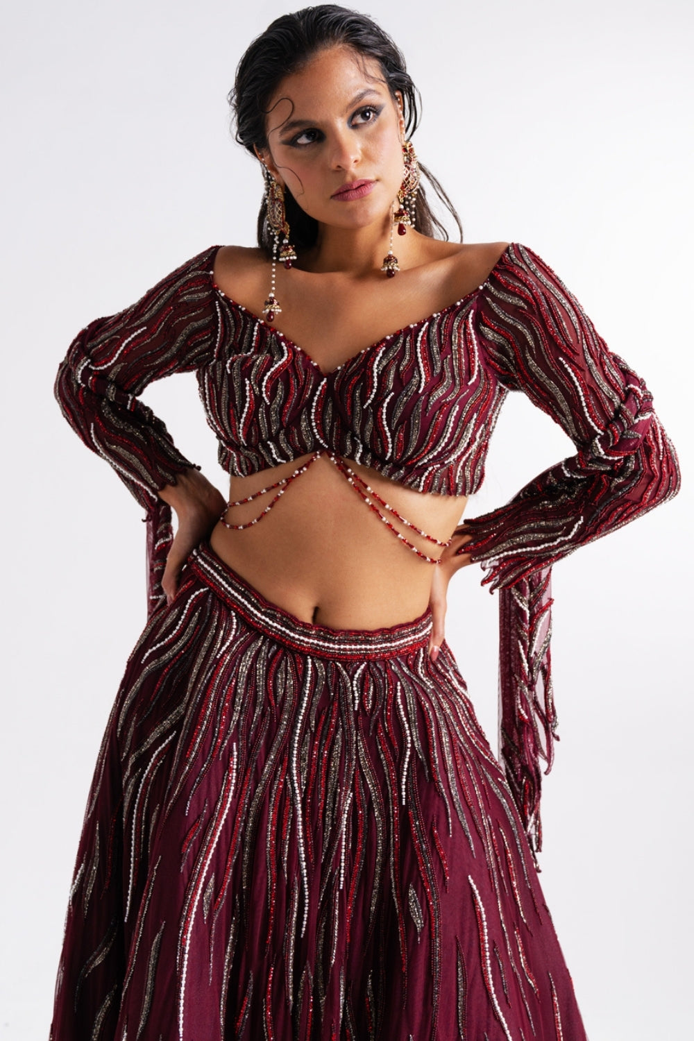 Wine Embellished Lehenga with Cut-out Stole