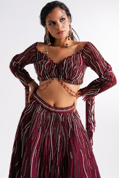 Wine Embellished Lehenga with Cut-out Stole