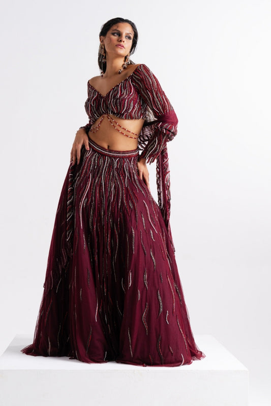 Wine Embellished Lehenga with Cut-out Stole