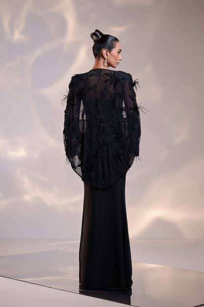Sculpted Gown with Feathered Jacket