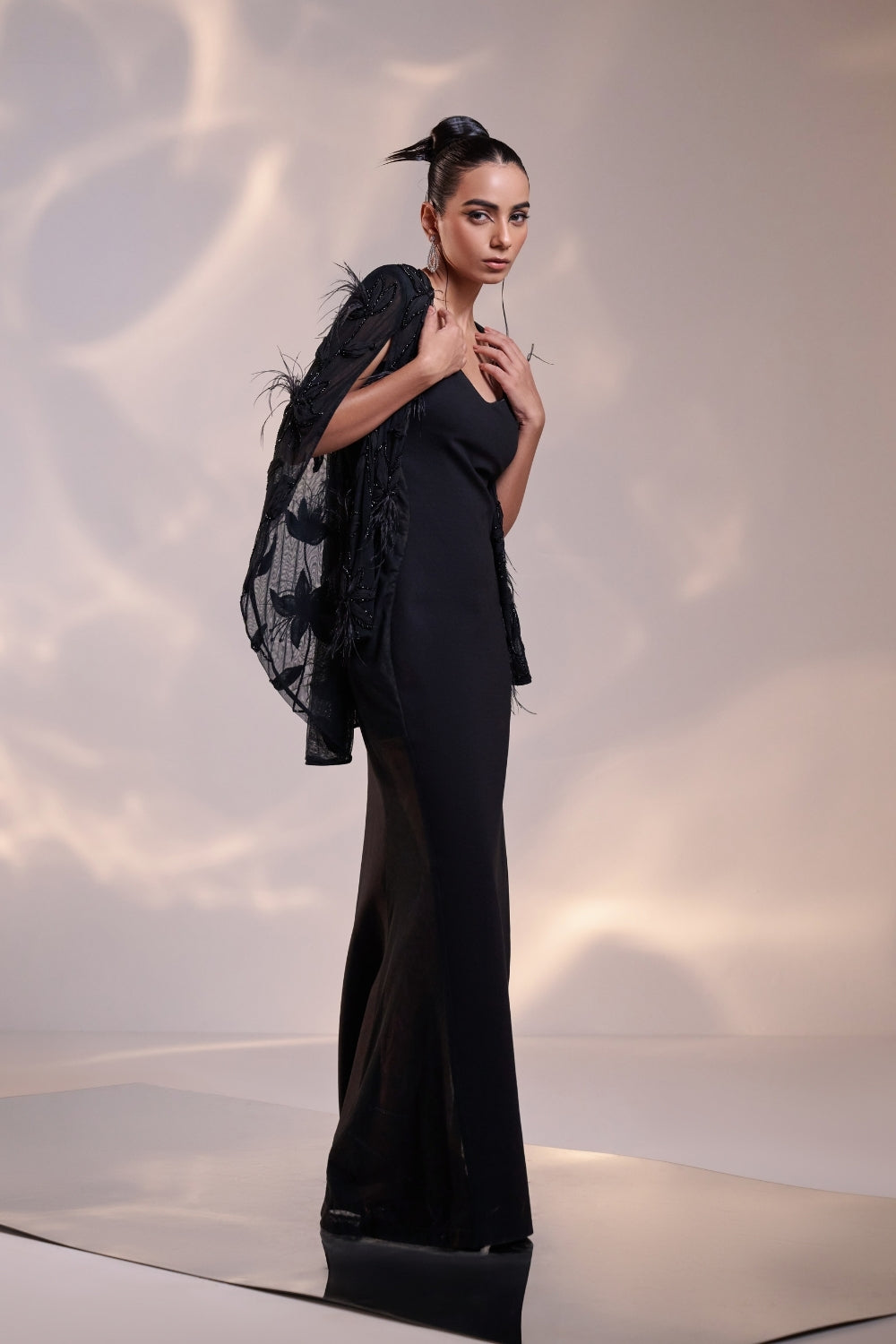 Sculpted Gown with Feathered Jacket