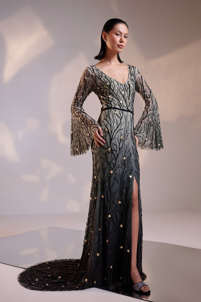 Elegant Black V Neck Ombre Gown with Flared Sleeves Featuring Intricate Hand Beading and a Sweeping Trail