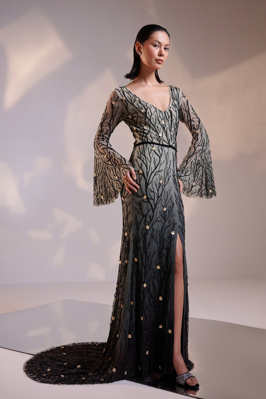 Elegant Black V Neck Ombre Gown with Flared Sleeves Featuring Intricate Hand Beading and a Sweeping Trail