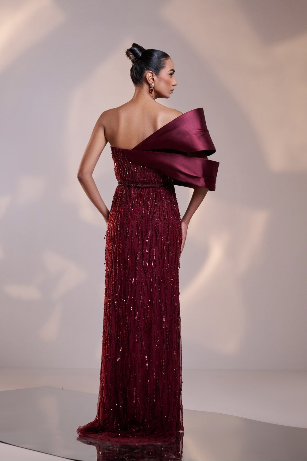 Crimson Radiance Sequined Off-Shoulder Gown
