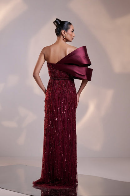 Crimson Radiance Sequined Off-Shoulder Gown
