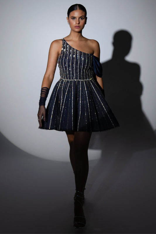 Midnight Blue Shimmer Embellished One-Shoulder Dress