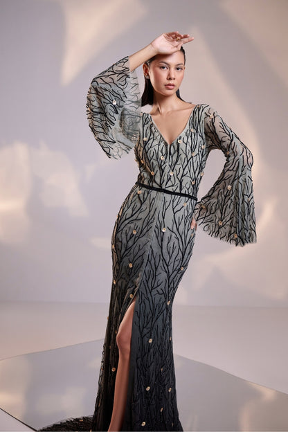 Elegant Black V Neck Ombre Gown with Flared Sleeves Featuring Intricate Hand Beading and a Sweeping Trail