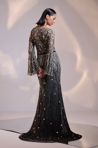 Elegant Black V Neck Ombre Gown with Flared Sleeves Featuring Intricate Hand Beading and a Sweeping Trail