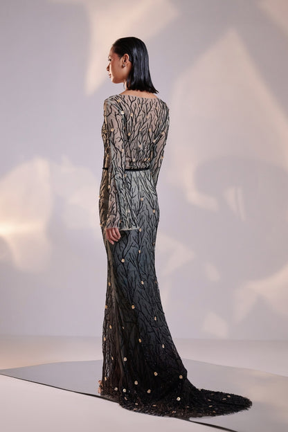 Elegant Black V Neck Ombre Gown with Flared Sleeves Featuring Intricate Hand Beading and a Sweeping Trail