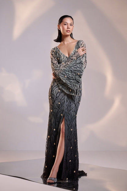 Elegant Black V Neck Ombre Gown with Flared Sleeves Featuring Intricate Hand Beading and a Sweeping Trail