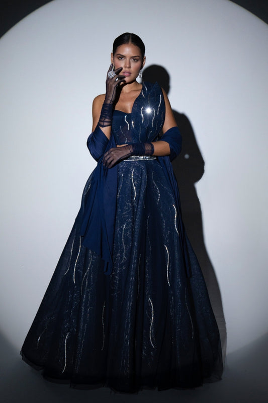 Midnight Blue Asymmetrical Lehenga Set