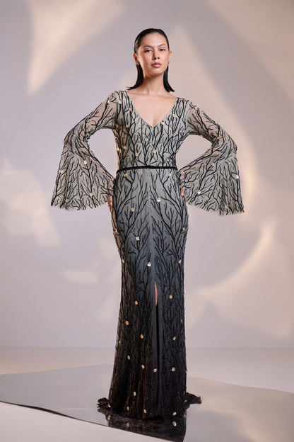 Elegant Black V Neck Ombre Gown with Flared Sleeves Featuring Intricate Hand Beading and a Sweeping Trail