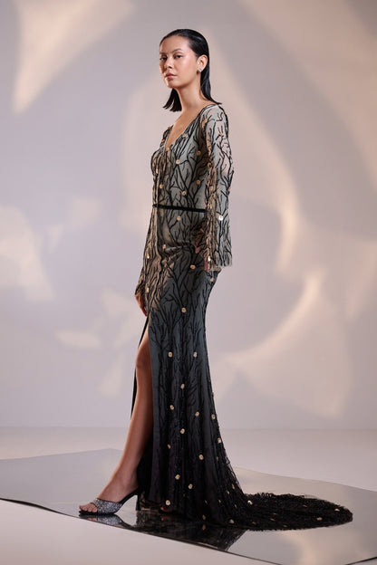 Elegant Black V Neck Ombre Gown with Flared Sleeves Featuring Intricate Hand Beading and a Sweeping Trail