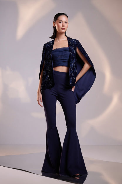 Midnight Blue Cape and Embellished Pantsuit