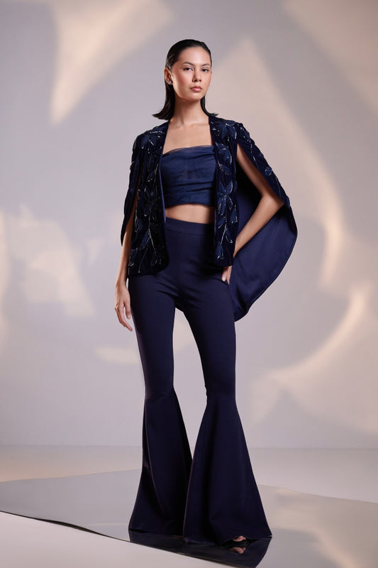 Midnight Blue Cape and Embellished Pantsuit