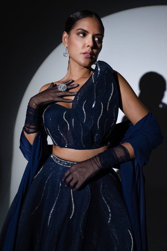 Midnight Blue Asymmetrical Lehenga Set