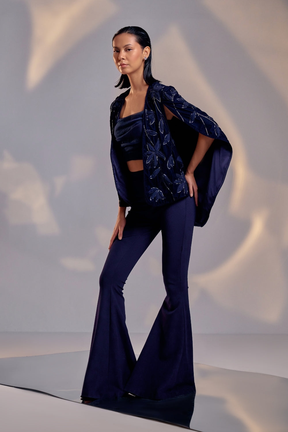 Midnight Blue Cape and Embellished Pantsuit