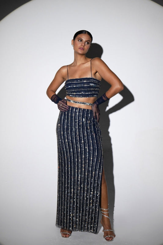 Midnight Blue Hand-Embellished Crop Top and Skirt Set