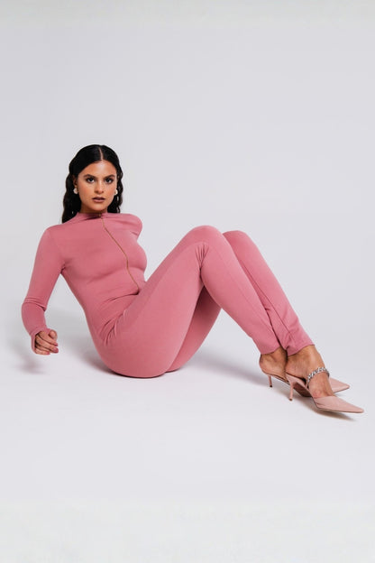 Rose Pink Bodycon Ribbed Jumpsuit