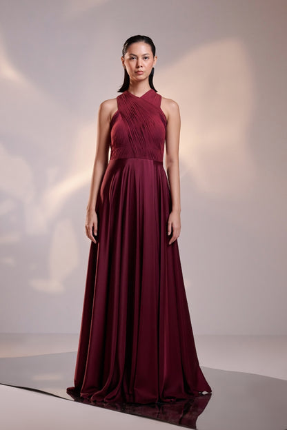 Enchanting Diva Cranberry Draped Halterneck Dress