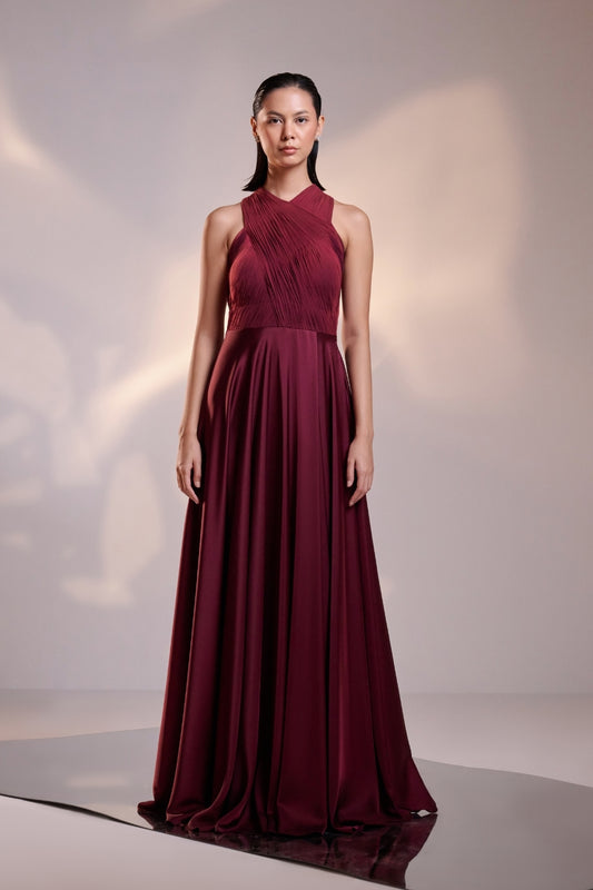 Enchanting Diva Cranberry Draped Halterneck Dress