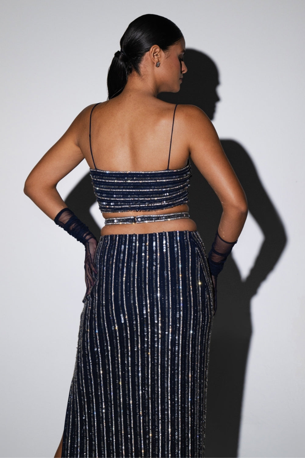 Midnight Blue Hand-Embellished Crop Top and Skirt Set