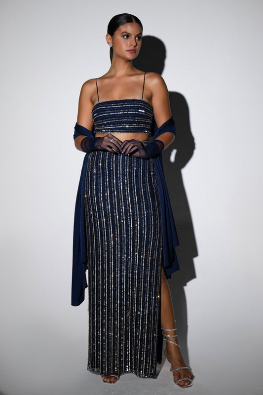 Midnight Blue Hand-Embellished Crop Top and Skirt Set