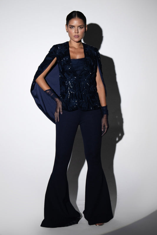 Midnight Blue Cape and Embellished Pantsuit