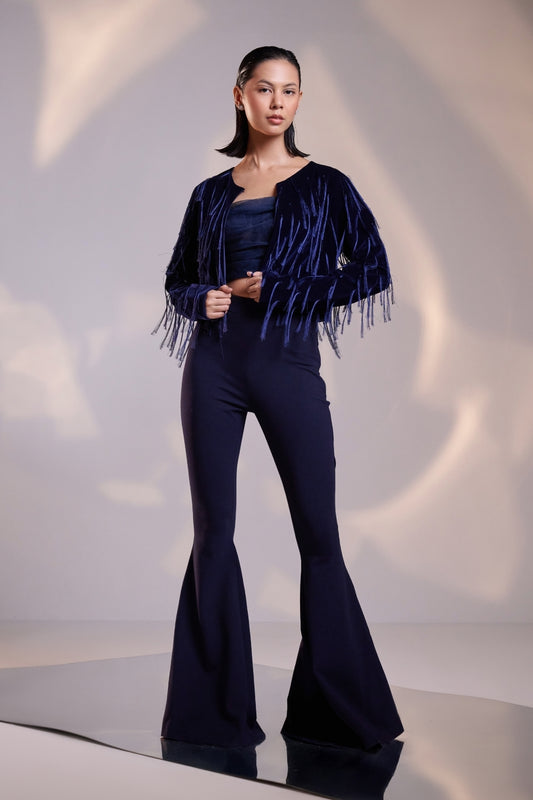 Midnight Blue Fringe Embellished Power Suit set