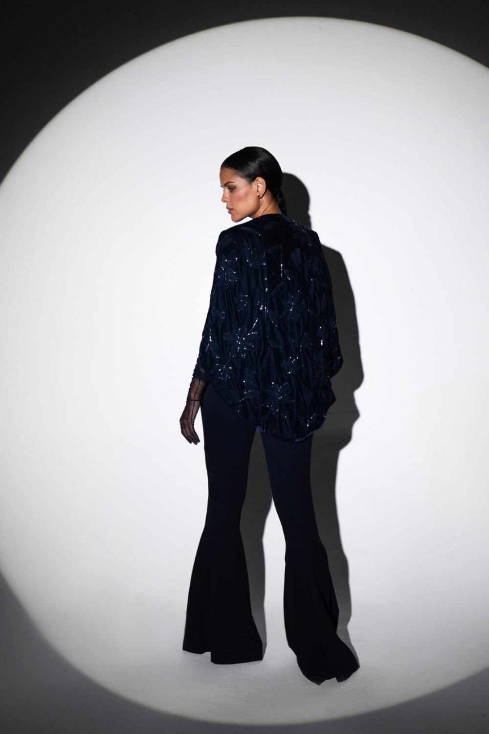Midnight Blue Cape and Embellished Pantsuit