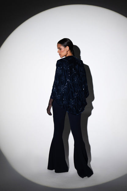 Midnight Blue Cape and Embellished Pantsuit