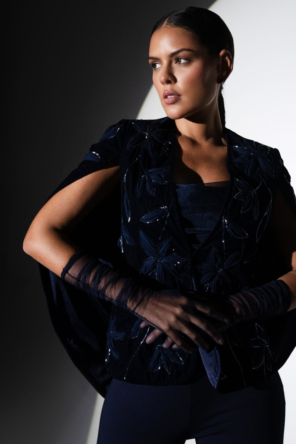 Midnight Blue Cape and Embellished Pantsuit