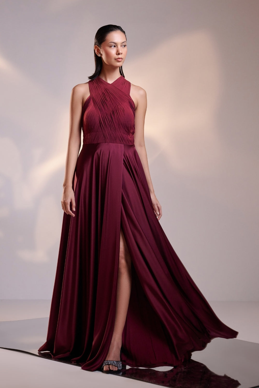 Enchanting Diva Cranberry Draped Halterneck Dress