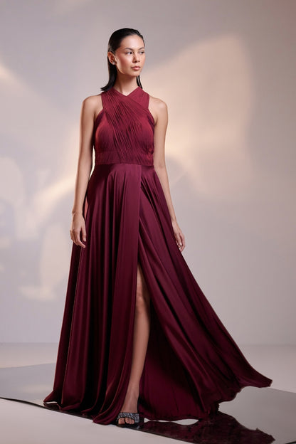 Enchanting Diva Cranberry Draped Halterneck Dress