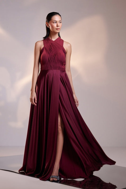 Enchanting Diva Cranberry Draped Halterneck Dress