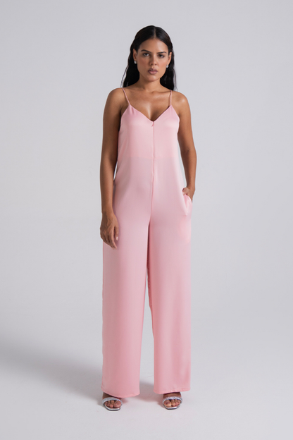 Soft Pink Spaghetti Strap Wide-Leg Jumpsuit