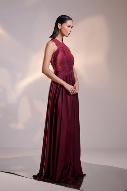 Enchanting Diva Cranberry Draped Halterneck Dress