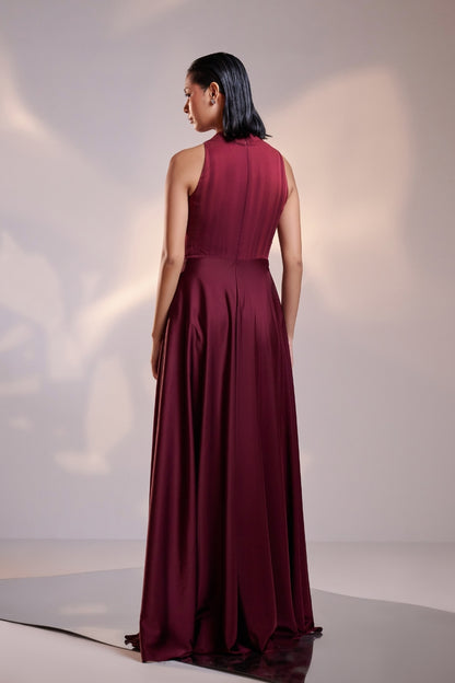 Enchanting Diva Cranberry Draped Halterneck Dress