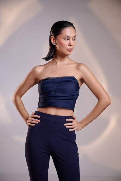 Midnight Blue Organza Strapless Ruched Top