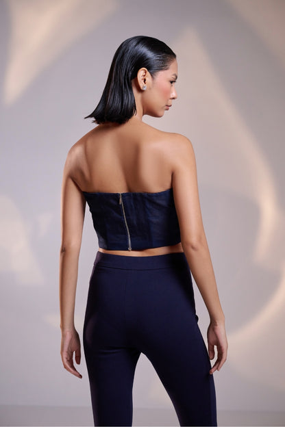 Midnight Blue Organza Strapless Ruched Top
