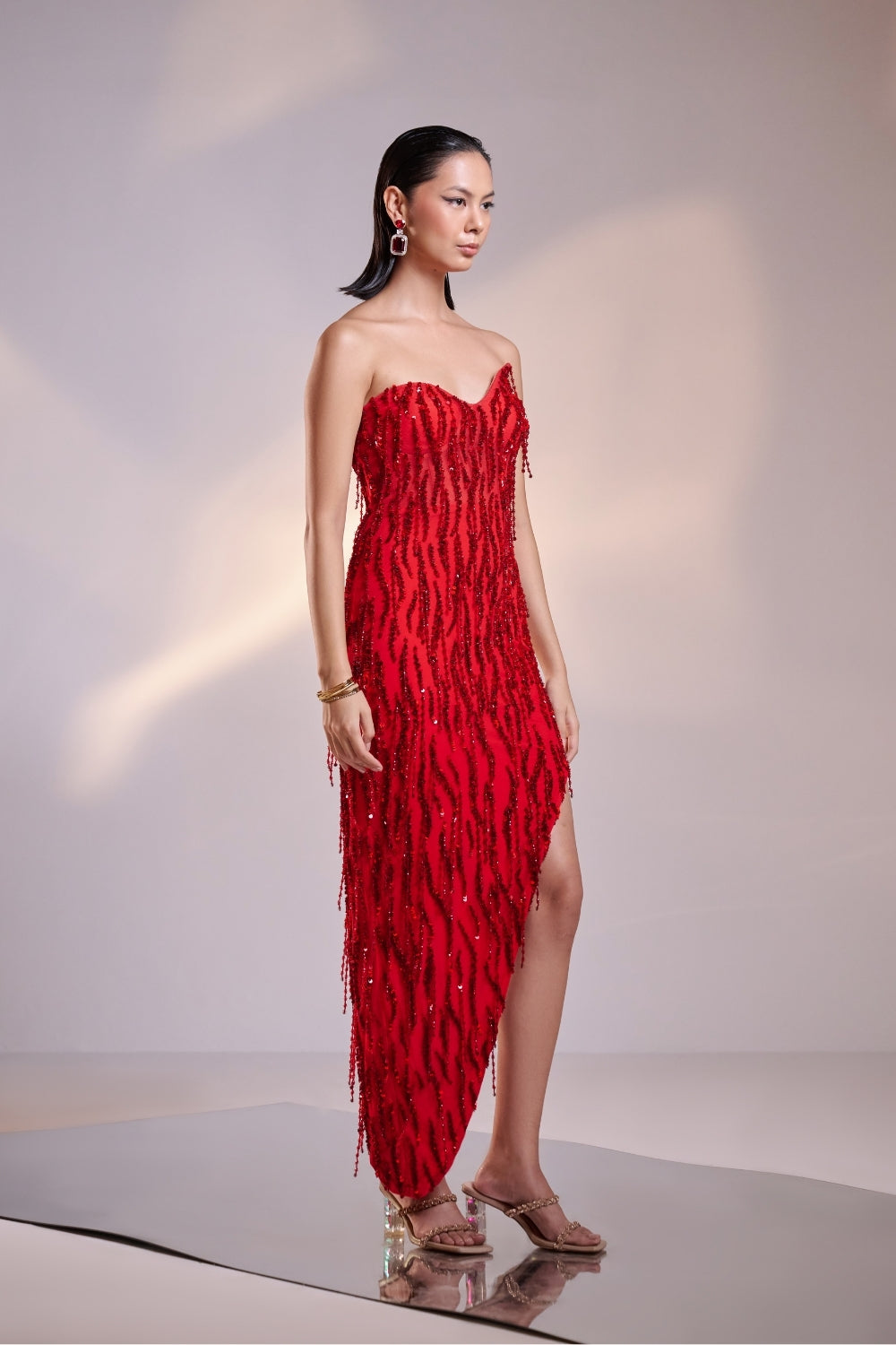 Scarlet Red Asymmetrical Embellished Mini Dress