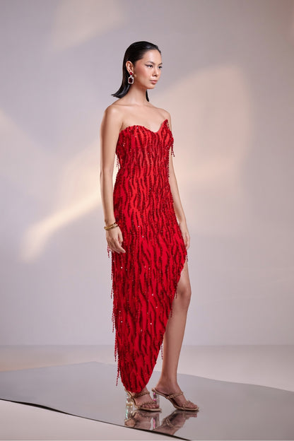 Scarlet Red Asymmetrical Embellished Mini Dress