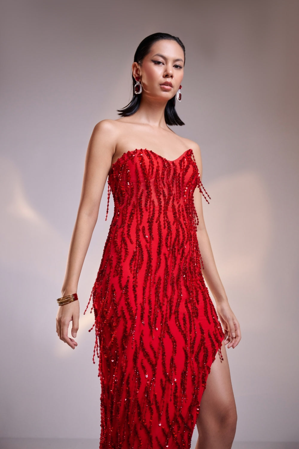 Scarlet Red Asymmetrical Embellished Mini Dress