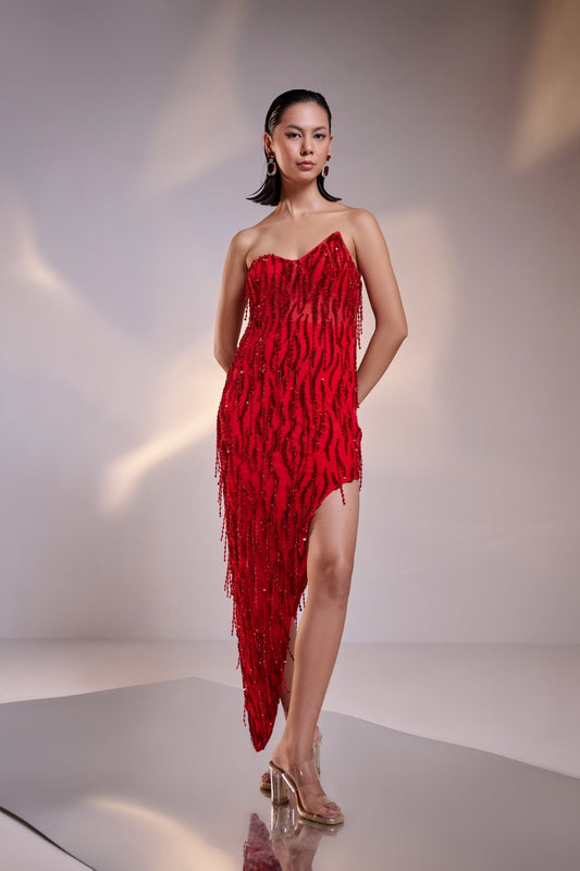 Scarlet Red Asymmetrical Embellished Mini Dress