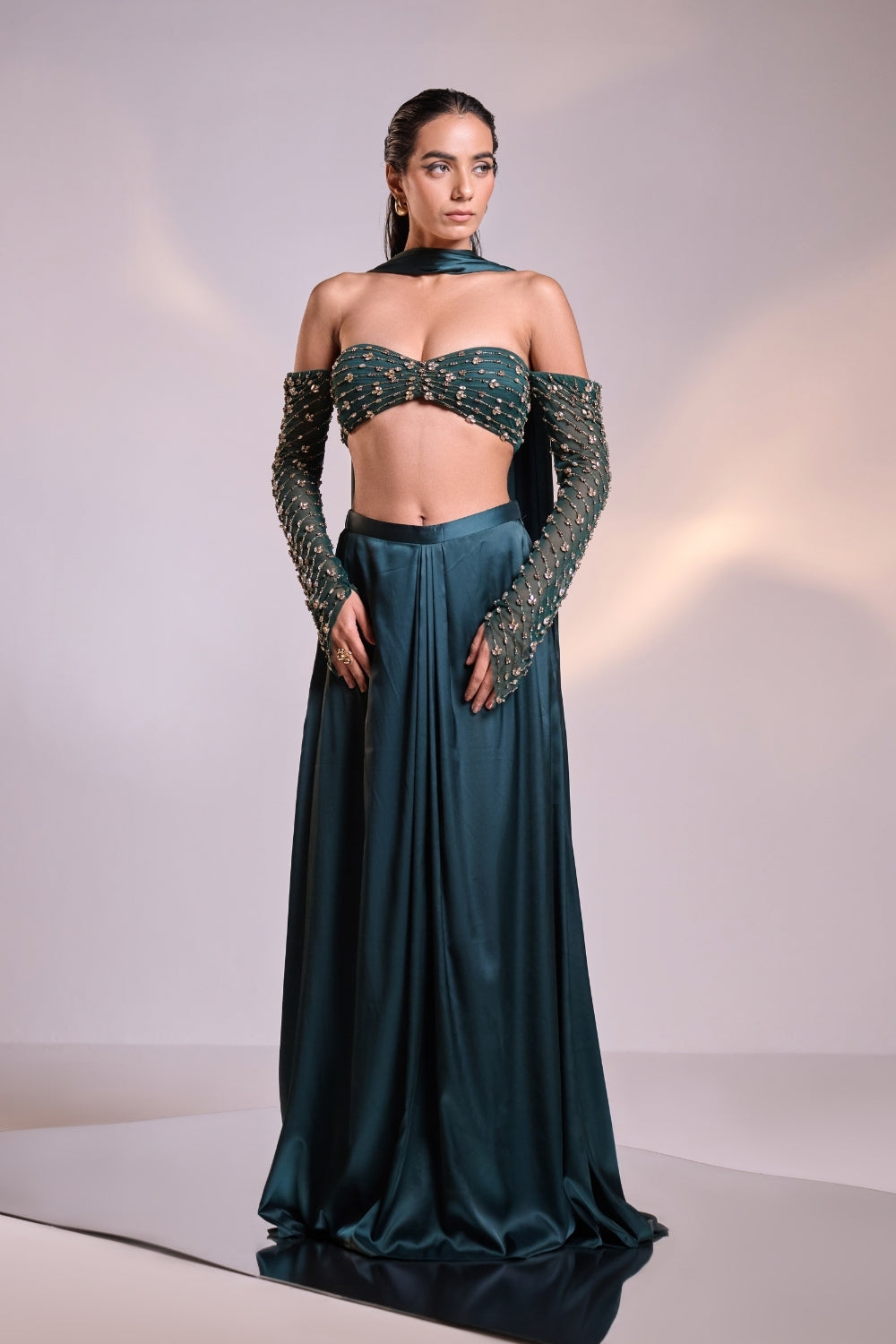 Teal Green Embellished Saree Set