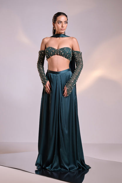 Teal Green Embellished Saree Set