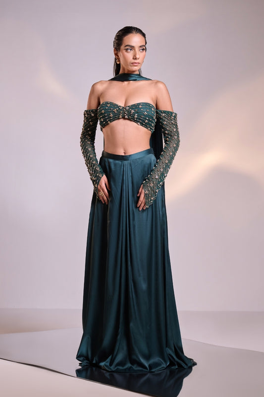 Teal Green Embellished Saree Set