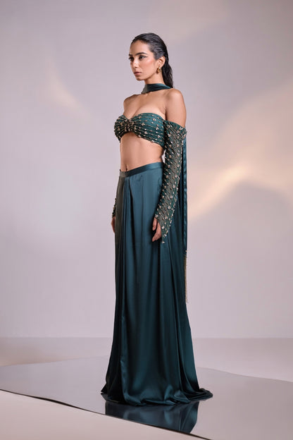 Teal Green Embellished Saree Set