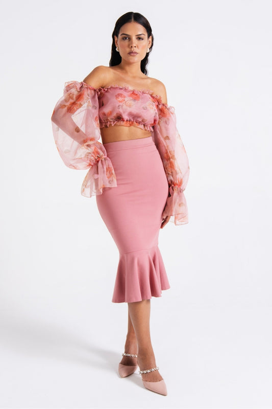 Pink Blush Organza Off-Shoulder Flounce Set